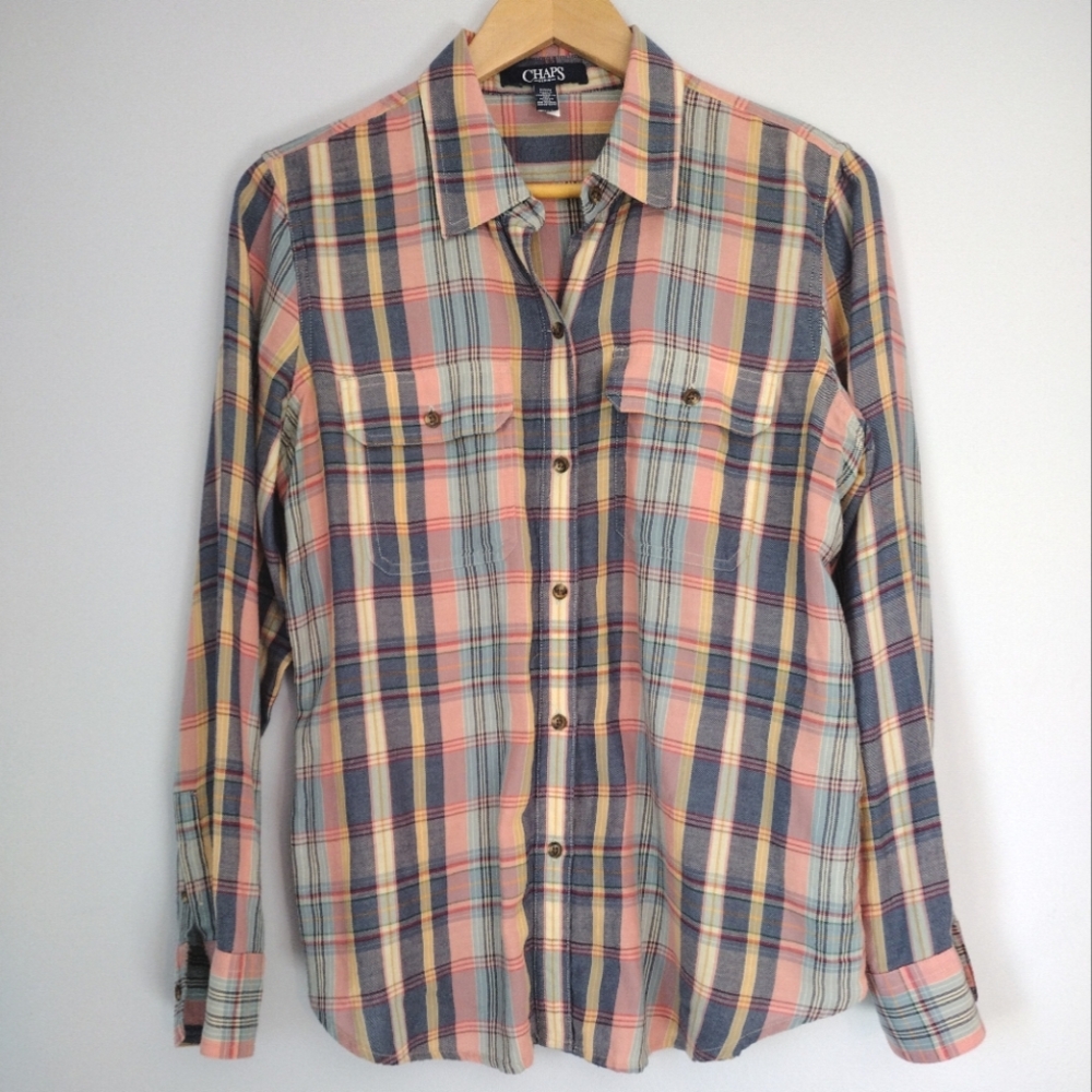 100% Cotton Chaps Denim Super‎ Soft Plaid Button Up Shirt Pink Spring